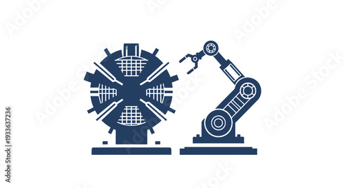 Industrial Robot Arm and Manufacturing Machine Illustration.