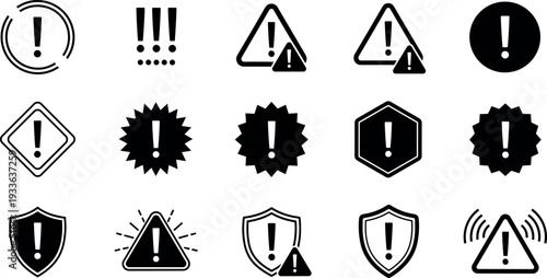 Exclamation Mark Warning Icon Set with Alert, Danger, Shield, and Triangle Symbols in Solid and Outline Styles for Safety Design