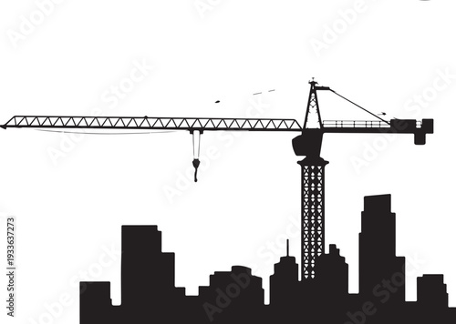 Black silhouette city skyline with construction crane