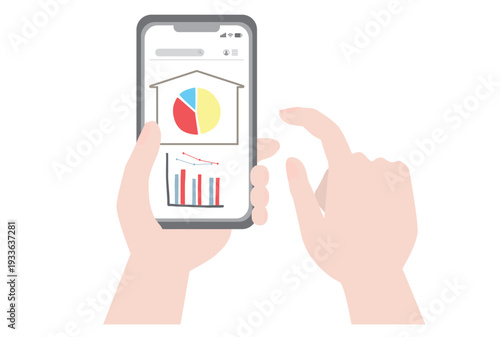 光熱費の使用状況のグラフをスマホで確認する手のイラスト