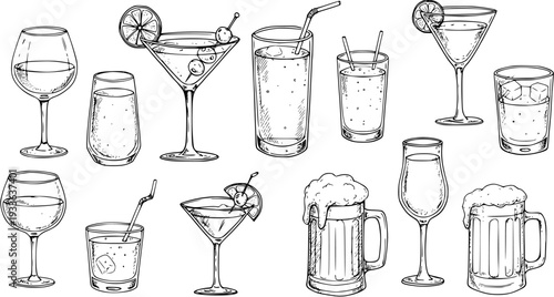 Hand-Drawn Cocktail  Drink Collection: Wine, Martini, Beer