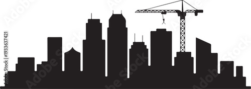 Black silhouette city skyline with construction crane and worker