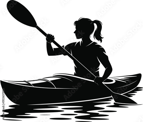 Woman kayaking silhouette vector illustration, female paddling canoe on water isolated black outdoor adventure sport design on white background
