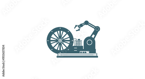 Industrial robot arm with large wheel and machinery.