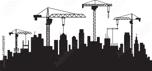 Black silhouette city skyline with construction cranes