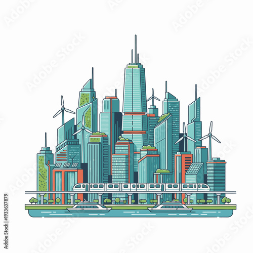 Cityscape illustration with modern skyscrapers, wind turbines, and a train on the waterfront