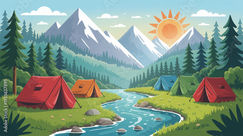 Colorful camping tents near serene river with majestic mountains and lush forest at sunrise
