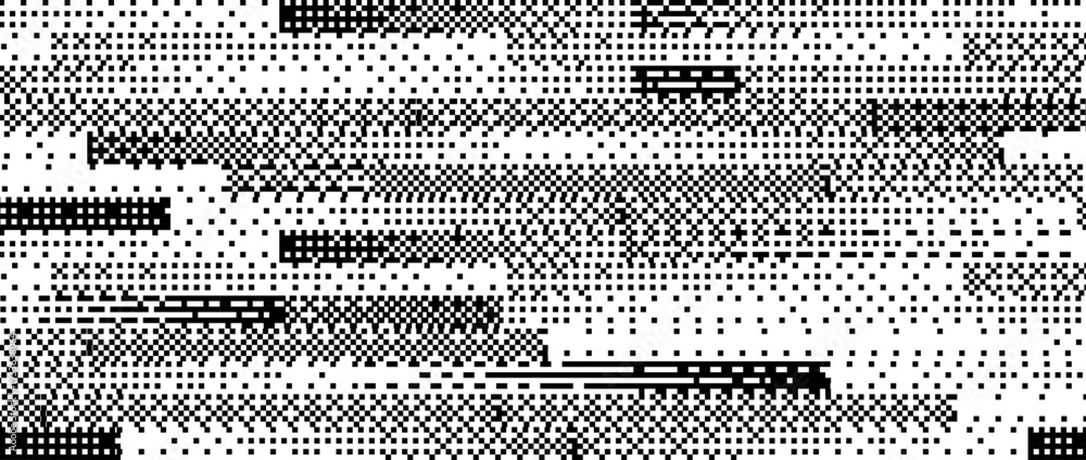 Obraz premium Pixelated bitmap pattern background. Black rectangle dither texture. Retro pixel art backdrop. Abstract 8 bit screen pattern. Arcade video game wallpaper. Vector dissolve raster effect overlay