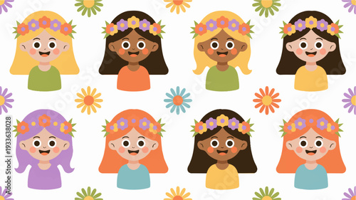 Diverse cartoon girls with colorful flowers in hair smiling and happy illustration for kids educational cultural diversity friendship concept
