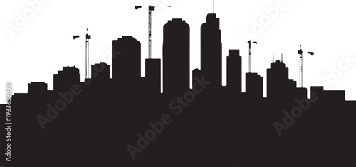 Black silhouette city skyline with construction cranes