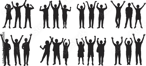 Cheering crowd silhouette collection, people celebrating success with raised arms vector illustration isolated black team victory celebration on white background