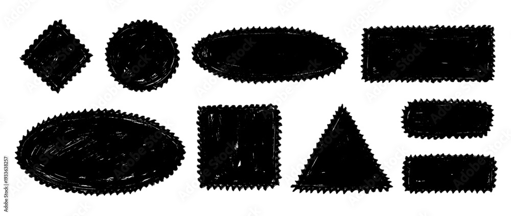 Obraz premium Hand drawn crayon stamps and boxes collection. Doodled rough edge borders and frames set. Black sketched playful geometric shape pack for sticker, logo, collage, postcard, patch, label. Vector