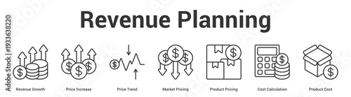 Revenue Planning web banner icon set vector illustration concept for business with icon of Revenue Growth, Price Increase, Price Trend, Market Pricing, Product Pricing, Cost Calculati.