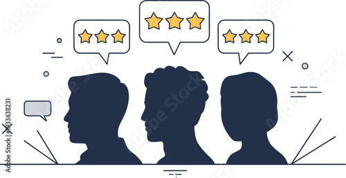 Customer review feedback concept vector illustration, user rating stars speech bubbles isolated flat design for business evaluation and online service satisfaction