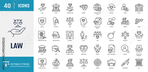 Law icon set. Includes prison, justice, court legal, lawyer, criminal, and more. Outline Icon Set. Vector Illustration with Editable Strokes