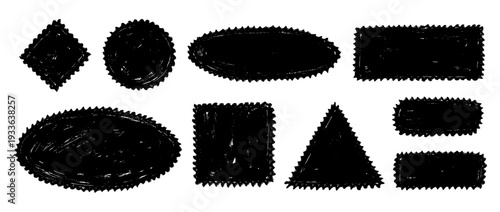 Hand drawn crayon stamps and boxes collection. Doodled rough edge borders and frames set. Black sketched playful geometric shape pack for sticker, logo, collage, postcard, patch, label. Vector