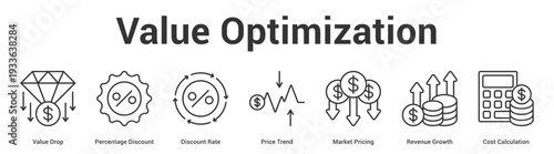 Value Optimization web banner icon set vector illustration concept for business with icon of Value Drop, Percentage Discount, Discount Rate, Price Trend, Market Pricing, Revenue Grow.