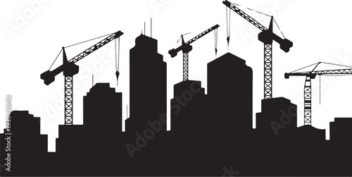 Black silhouette city skyline with construction cranes