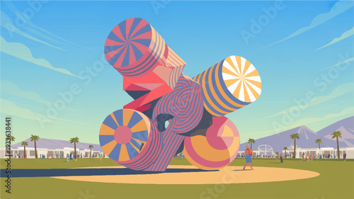 Large colorful candy sculpture on green field with blue sky and mountains in background at sunny day