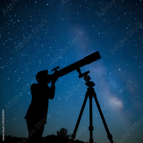 Silhouette of a person using a telescope to observe the starry night sky, showcasing the beauty of the cosmos and exploration.