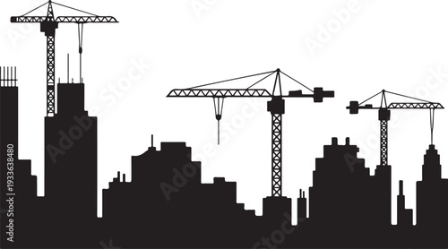 Black silhouette city skyline with construction cranes