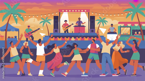 Diverse group of people dancing and having fun at a vibrant outdoor party with a band