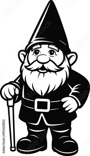 Cute garden gnome cartoon character vector illustration, black and white fantasy dwarf mascot isolated design for logo decoration children book and print