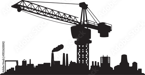 Black silhouette cityscape with construction crane