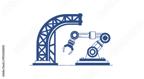 Industrial robotic arm and automated manufacturing system illustration.