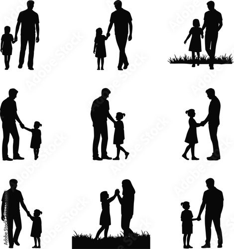 Father and daughter silhouette collection vector set, loving parent walking and holding child hands isolated black family relationship illustration on white background