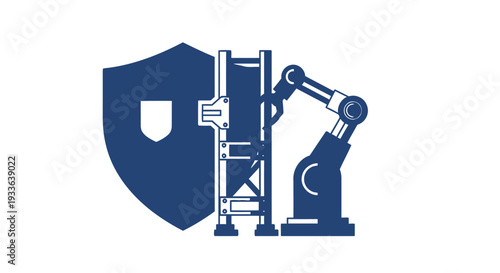 Industrial Robot Arm Protected by Security Shield Icon.