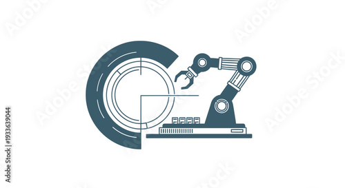 Industrial robotic arm and blueprint diagram for manufacturing process.