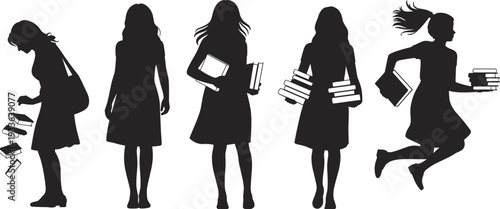 Female student silhouette collection holding books, young woman reading and studying vector illustration set, black isolated education character design on white background