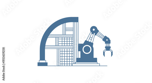 Industrial robotic arm and factory building illustration.