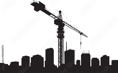 Black silhouette cityscape with construction crane and buildings