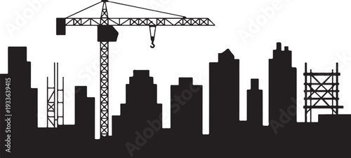 Black silhouette cityscape with construction crane and scaffolding
