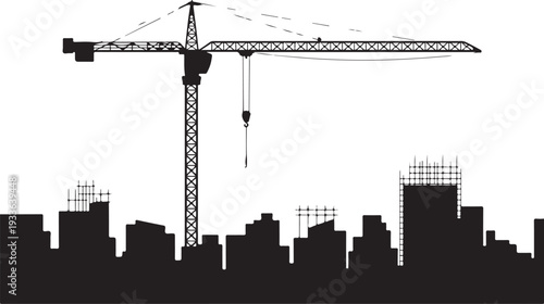 Black silhouette cityscape with construction crane and buildings