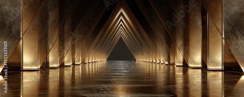 Golden architecture tunnel corridor interior, abstract futurism triangle light reflection symmetry mysterious mood