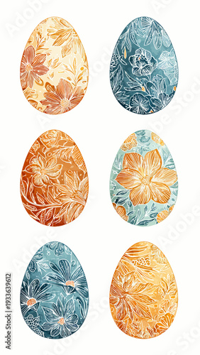 A visually stunning collection of six delicately hand-painted Easter eggs, each adorned with intricate floral patterns in warm earthy and cool blue hues, perfect for festive decorations