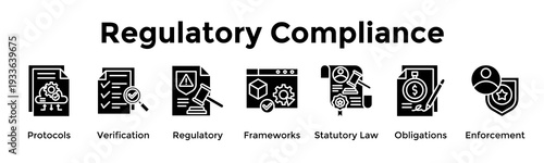 Regulatory Compliance Banner Web Icon Vector Illustration Concept For Protocols, Verification, Regulatory, Frameworks, Statutory Law, Obligations, Enforcement