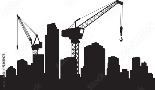 Black silhouette cityscape with construction cranes