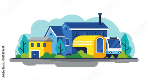 Illustration of a campervan parked beside a house with a caravan attached, showcasing travel and lifestyle on a digital device screen