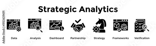 Strategic Analytics Banner Web Icon Vector Illustration Concept For Data, Analysis, Dashboard, Partnership, Strategy, Frameworks, Verification