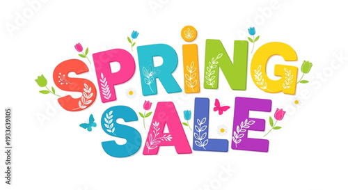 Vibrant Spring Sale Illustration Featuring Floral Elements and Decorative Text