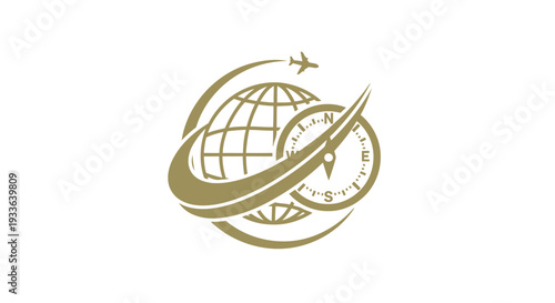 Global Travel and Time Management Emblem with Airplane and Clock.