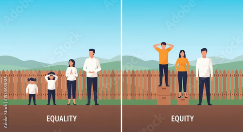 Illustration comparing equality and equity concepts through people standing behind a fence with different heights of boxes