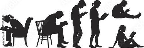 People reading books silhouette set, men and women studying vector illustration collection, black isolated student and reader characters on white background design