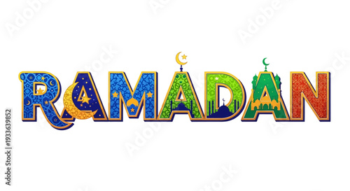 Celebrating Ramadan with vibrant typography and cultural symbols in a festive illustration