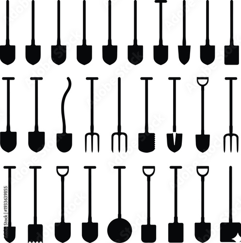 Garden shovel and digging tools silhouette collection in black vector illustration, farming and gardening equipment icons isolated on light background for design use