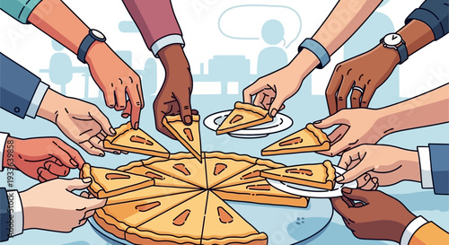 Diverse group sharing pizza slices in a lively gathering